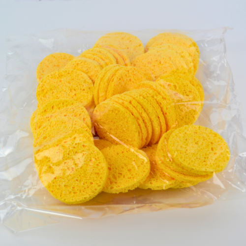 Bulk Pack of 48 Yellow Natural Wood Fiber Facial Cleansing Sponges - Deep Round Face Wash Set